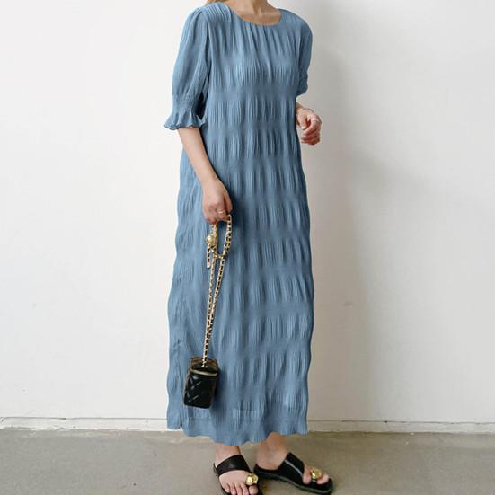 Lady Summer Dress Short Lantern Sleeves Chiffon Textured Loose Patchwork Ruffle Solid
