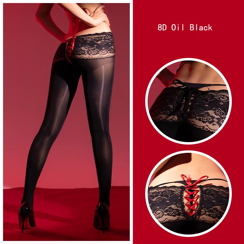 Sexy Women Lace Bandage Oil Glossy Shiny Sockings High Waist Shaping Pantyhose Seamless Sheer See Through Tights Stockings