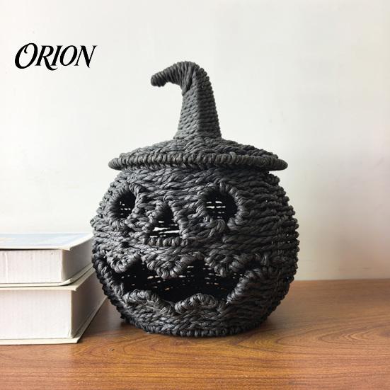 Small Lamp Holder for Halloween Handwoven Pumpkin Lantern, Vintage Rustic Decor, Hollow Smile Grimace Party Ornament Face Storage Jar with Lid,