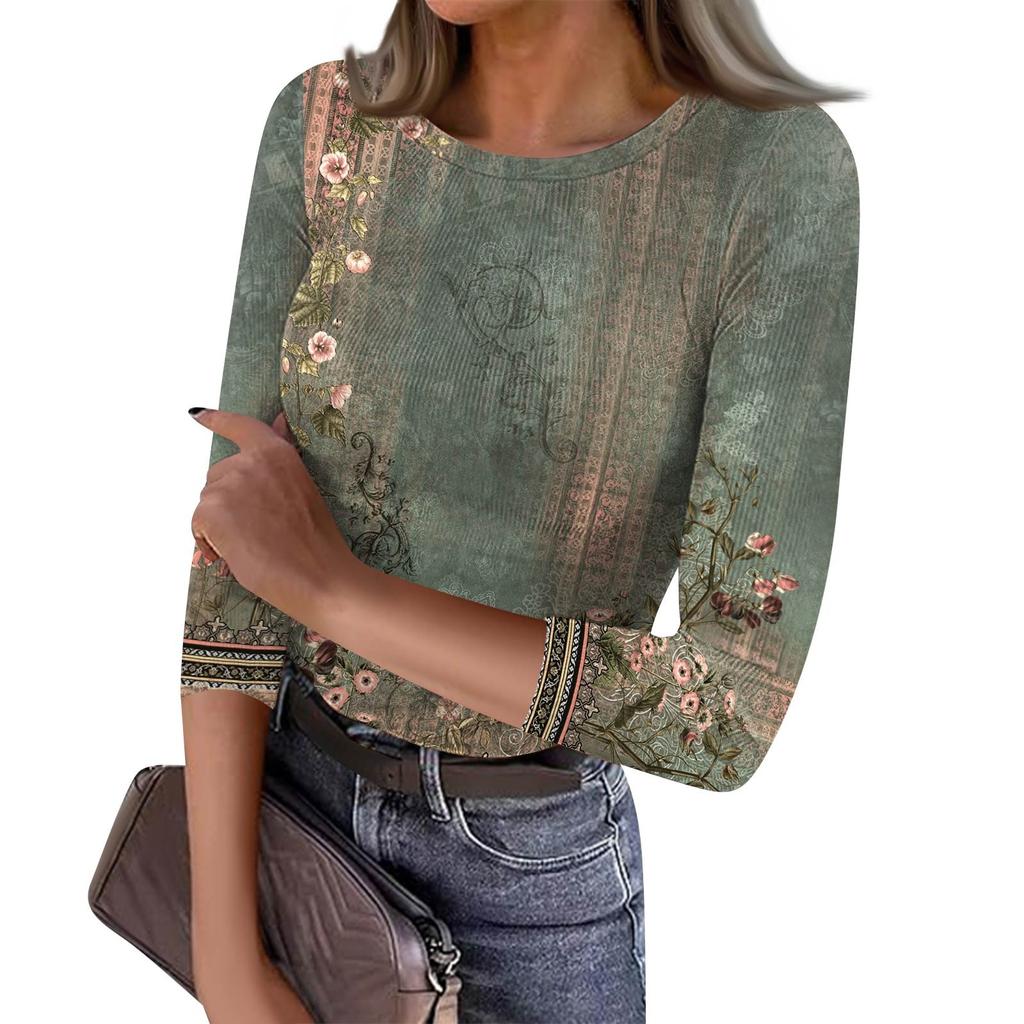 Women's Slim Bottom T-shirt Fashion Casual  Printed Round Neck Pullover Seven Sleeve Top