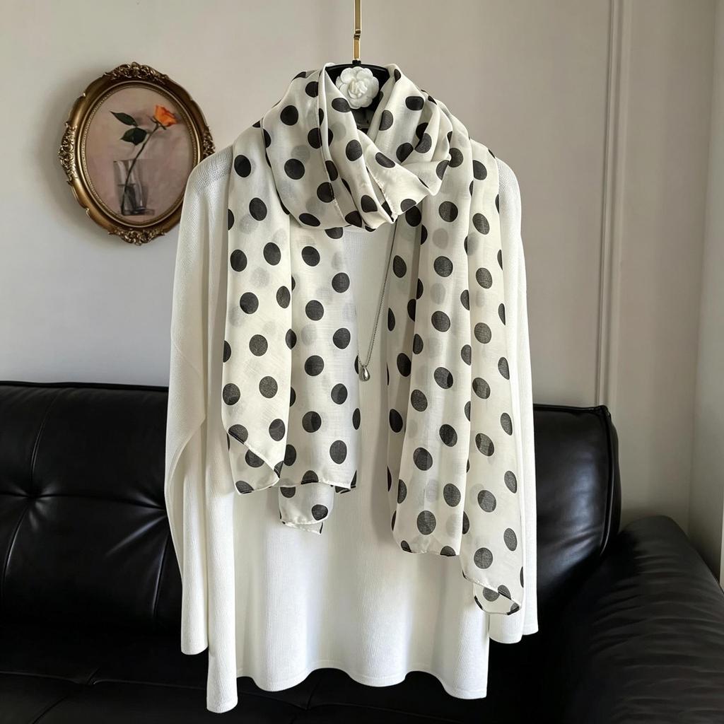 Women's Black and White Polka Dot Silk Scarf - Large, Lightweight Shawl for Sun Protection, Travel, or Beach. Perfect for Spring and Summer.
