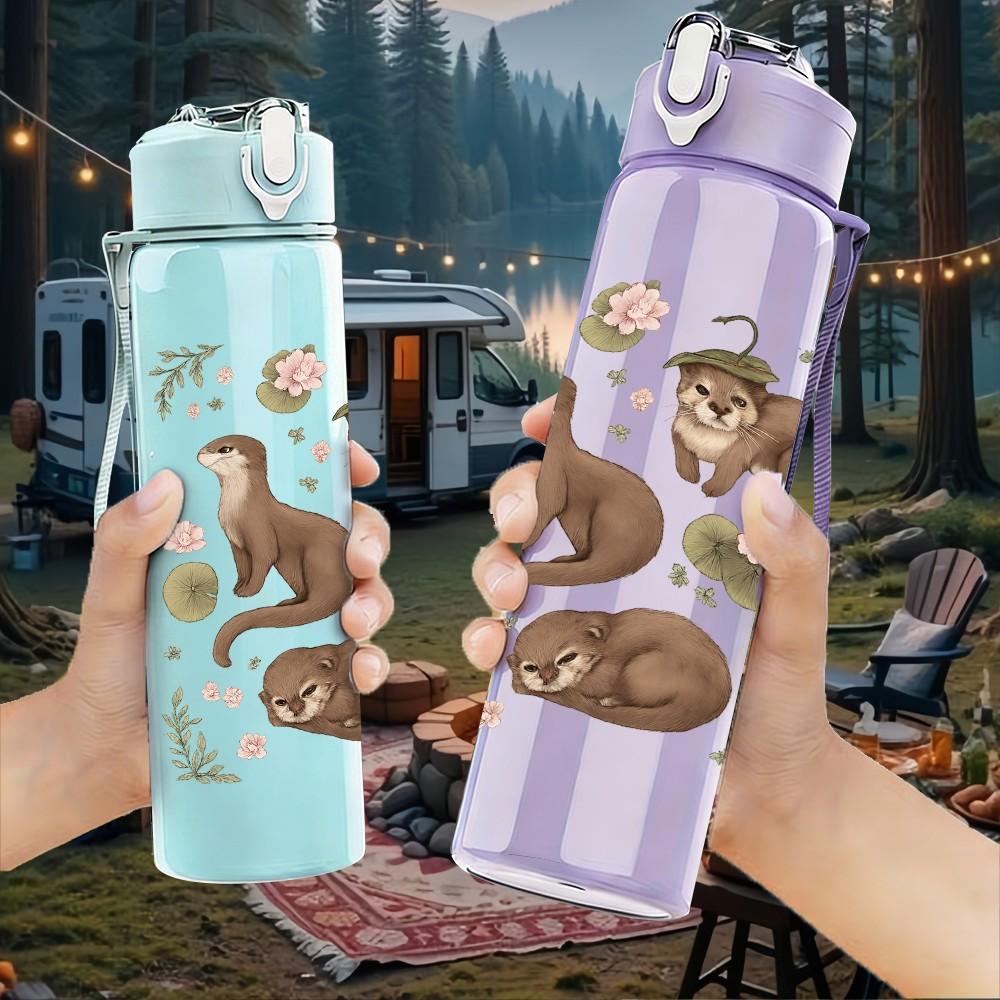 1PC Multiple Otter Family Art 750ml Color Plastic Sports Water Bottle Leakproof Flip Straw Lid Suitable for Sports Office Home Use