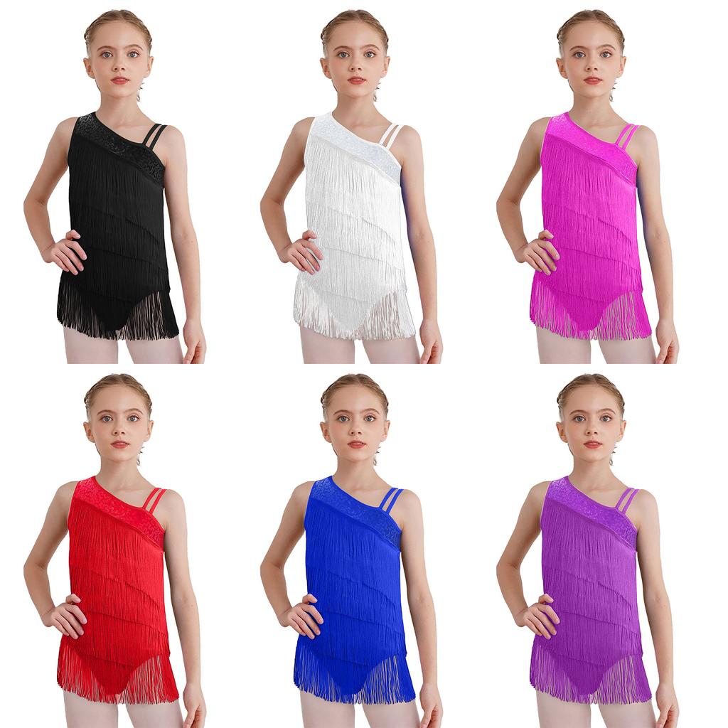 Girls Sleeveless Tassel Leotard Asymmetrical Hem Tiered Fringe Latin Dance Costume