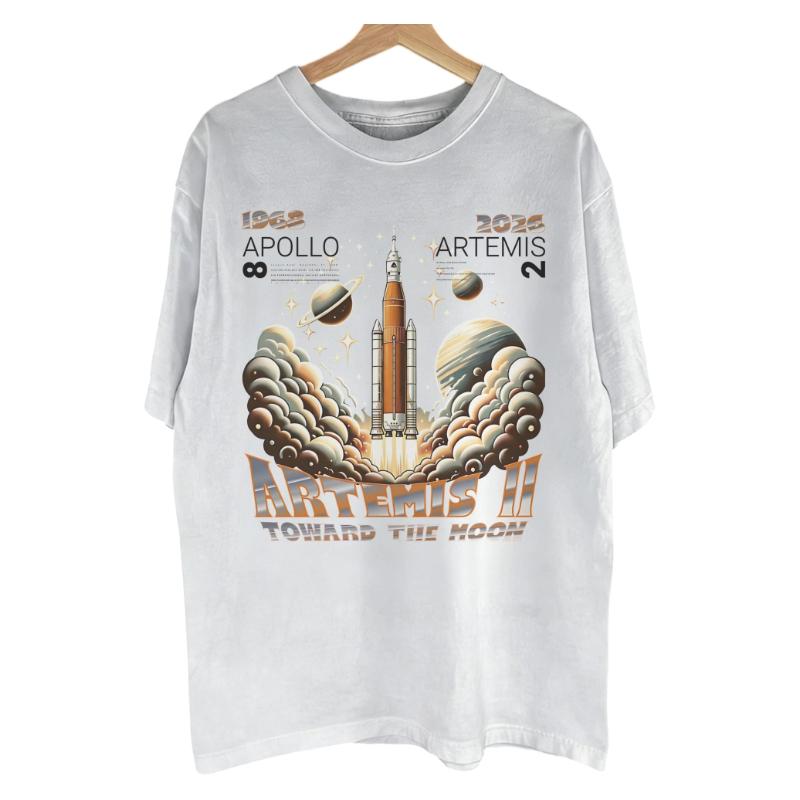 2026 Artemis Ii Toward The Moon Tshirt Premium Cotton Crew Neck Short Sleeve Retro Space History Casual Graphic Tee