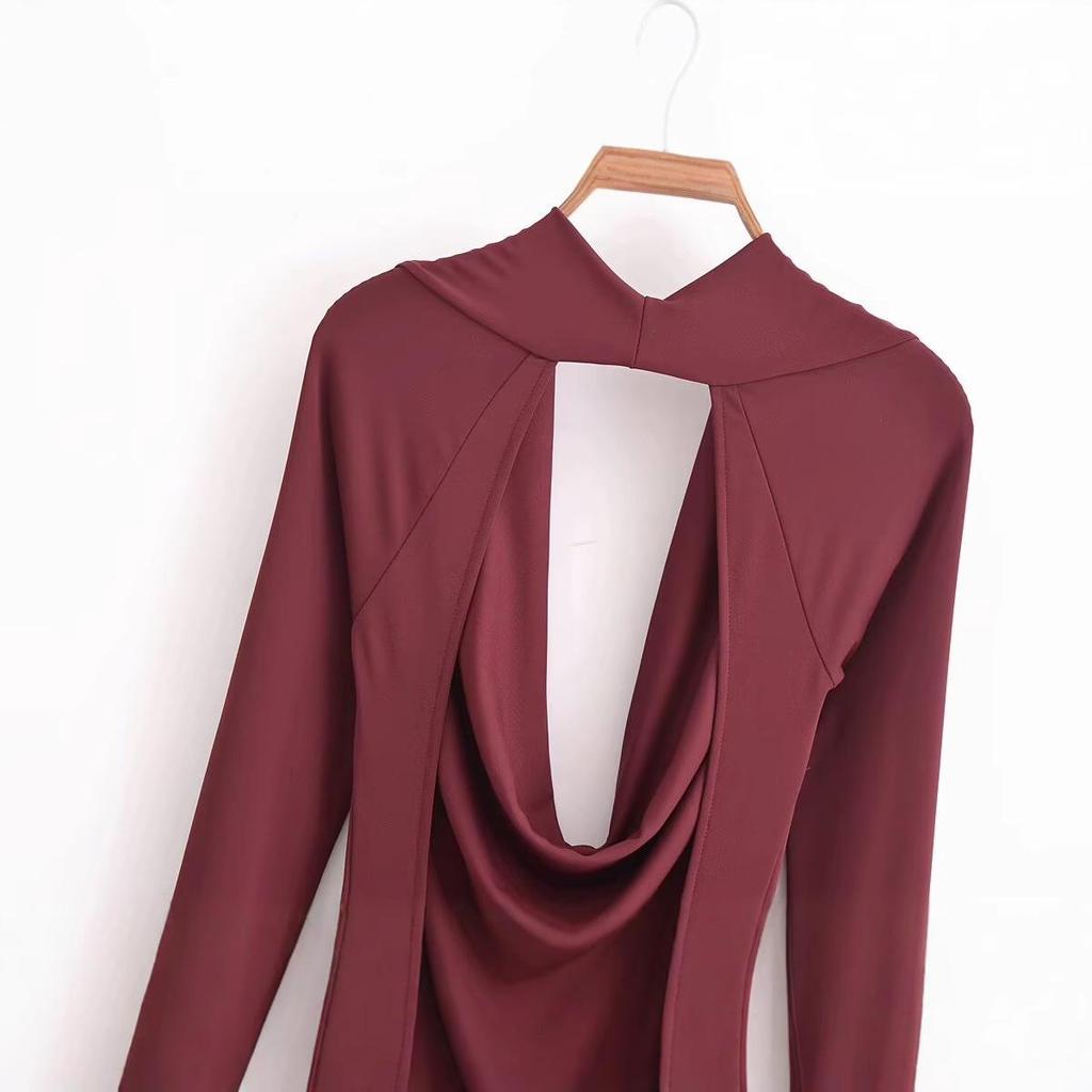 2024 Autumn Women's European & American Style Backless Slim-Fit Pleated Long Dress