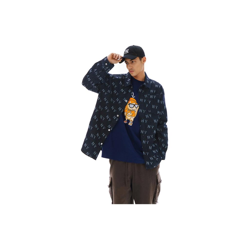 MLB New York Yankees SS24 Letter Print Loose Casual Denim Long Sleeve Shirt Unisex Shirts Deep-Navy-Blue 3ADRM0141-50NYD