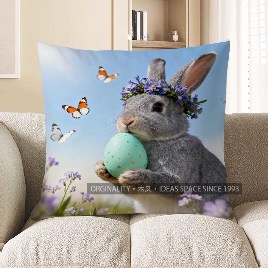 2D Gray Bunny With Egg And Butterflies Pillow Cover Pattern Cushion Cover Suitable For Sofa Bedroom Car Pillow Cover