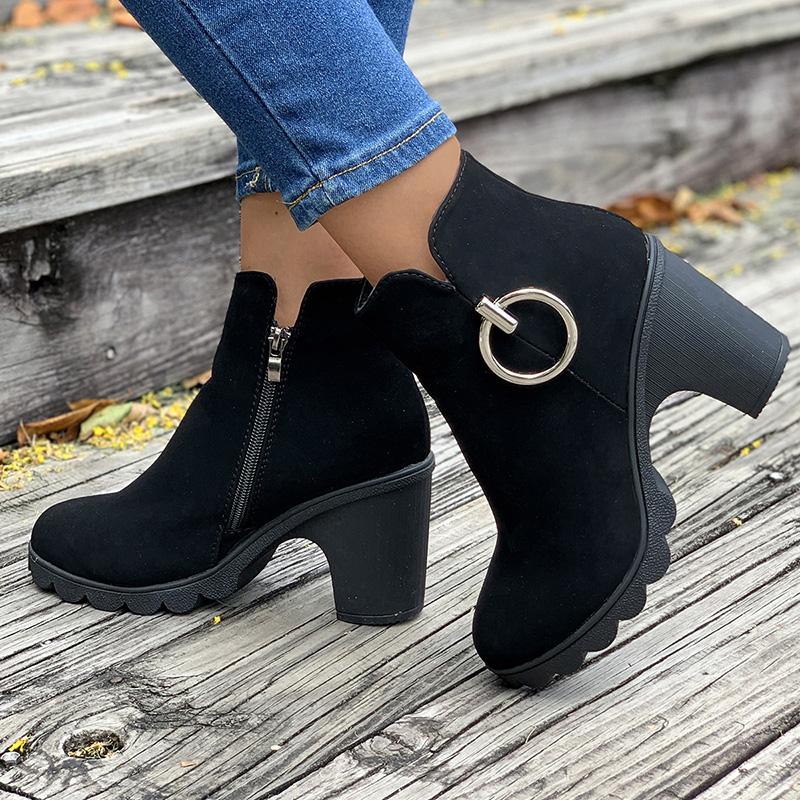 Woman Ankle Boots Spring Autumn Pointed Toe Low Heel Single Boots Black Heeled Suede Thick Heel Black Short Boots Plus Size 42