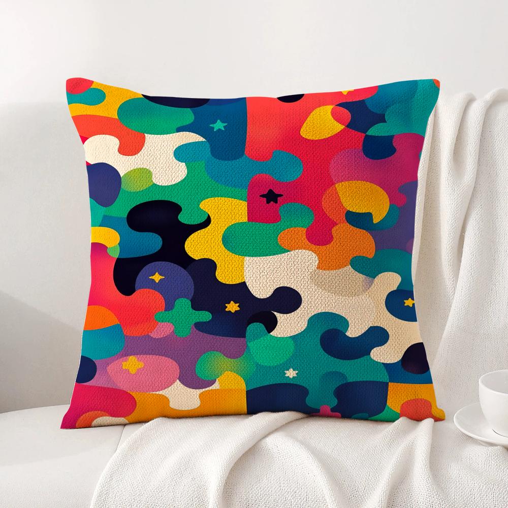 Fun Puzzle Patterns Cushion Cover Natural Linen Organic Fabric DoubleSided Printing Sofa Home Decor Gift Pillow Cover