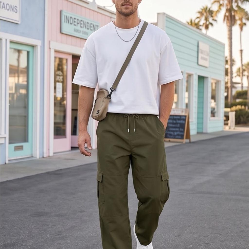 Herren Cargo-Hose Elastischer Bund Mehrere Taschen Gerade Weiter Beinteil Lässig