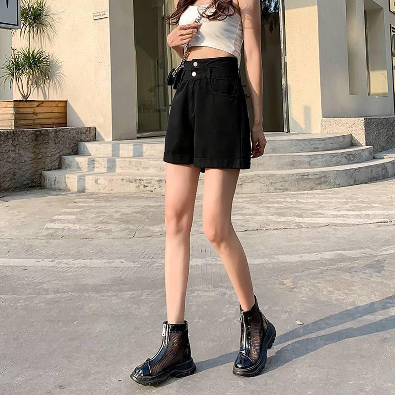 Wygodne Obcisłe Modne i Wszechstronne Białe Jeansowe Szorty z Bardzo Wysokim Stanem Damskie Letnie Podwójna Klamra Podwinięty Brzeg Luźne Szerokie Nogawki Spodnie o Kroju A