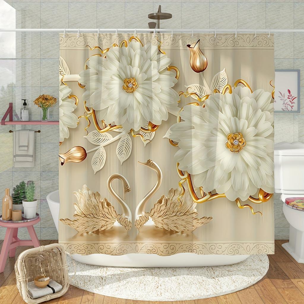 1pc Shower Curtain - Elegant White Flowers and Golden Swans Design for a Luxurious Bathroom Waterproof