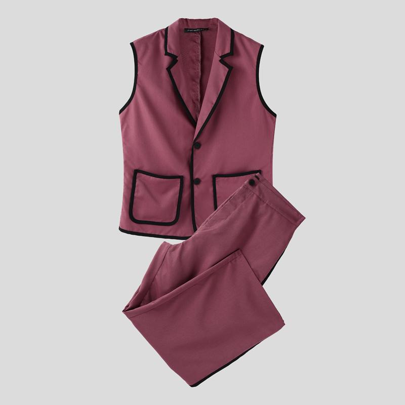 INCERUN Men Stitching Sleeveless Buttons Waistcoat And Long Straight Pants Sets