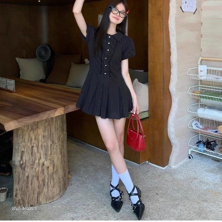 2026 new college style lapel white dress women's a-word skirt summer sweet and thin skirt