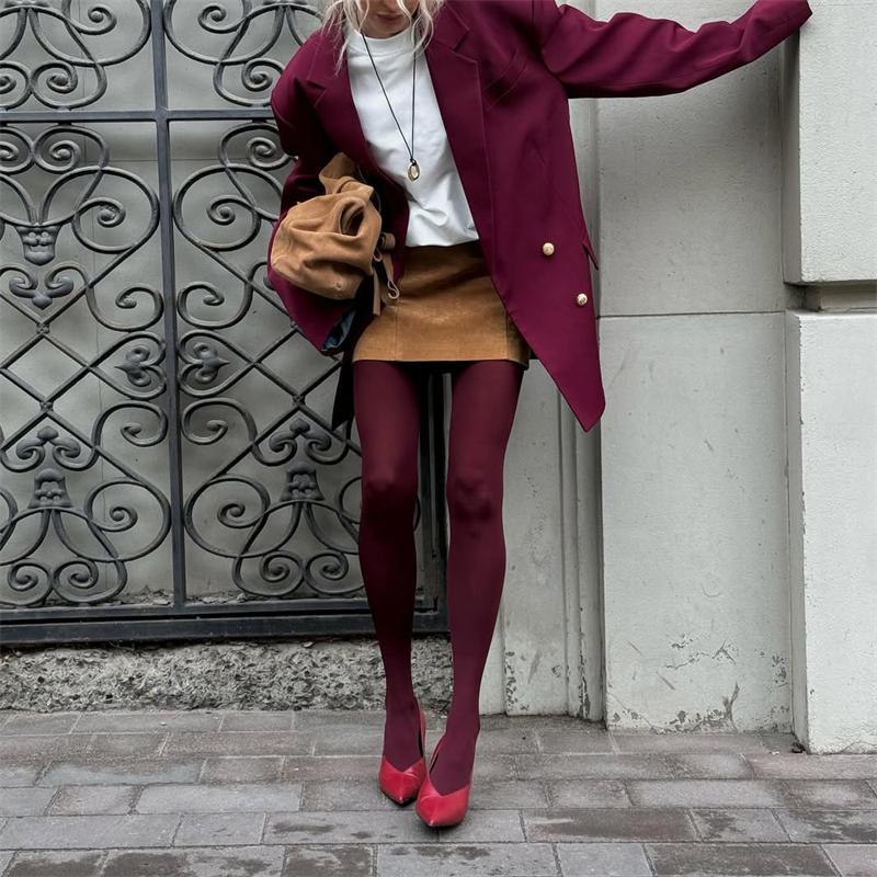 Vintage Red Women's Pantyhose Spring Autumn Super Elastic Y2k Slim Fit Candy Colored Tights Stockings for Females