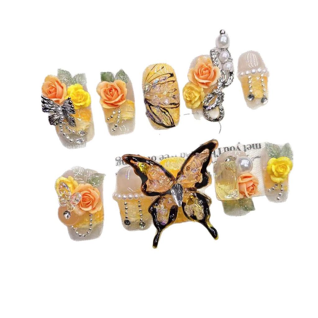 Yellow Butterfly Elegant Almond-Shaped Handmade Fake Nail Tips