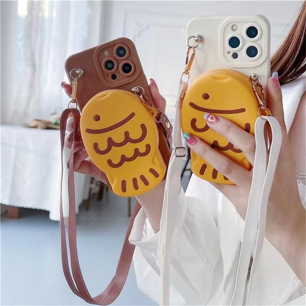 Cute 3D Snapper Wallet Lipstick Bag Crossbody Neck Rope Silicon case for 16Pro Max 11 12 13 14 15 Xr 8Plus cartoon cover