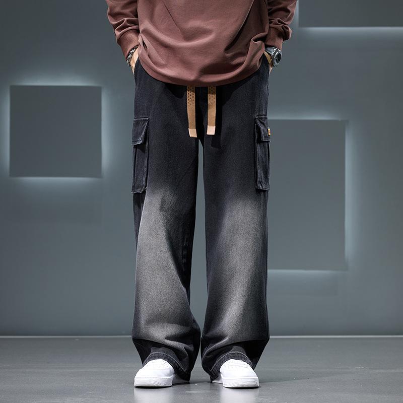 Men Autumn Wide Leg Washing Jean Pants Men Trousers Neutral Solid Color Loose Casual Fashion Pocket Cargo Pants Big Size