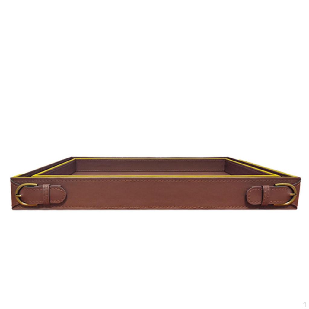 PU Leather Tray with Metal Corners Rectangular Valet Buckle Accents Stitched for Tabletop,
