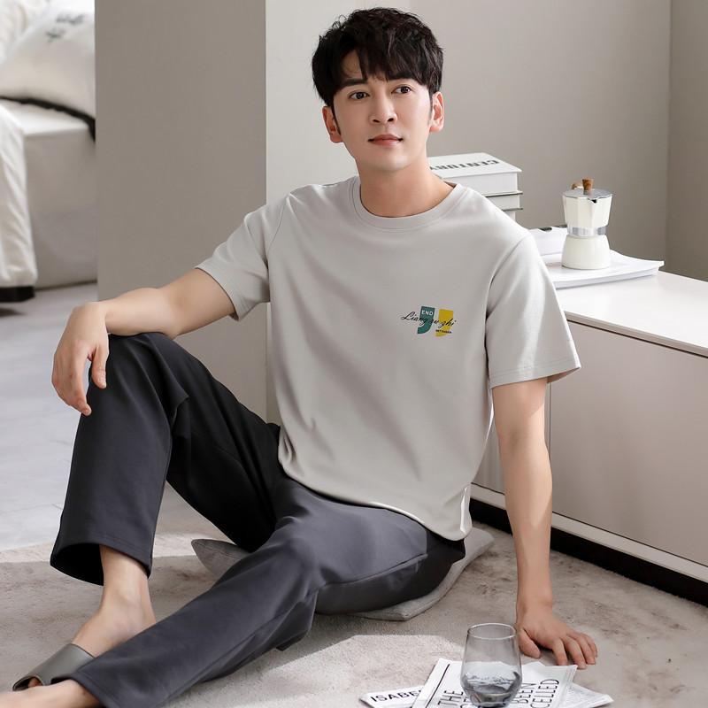 Blue Color Men's Cotton Pajamas Set for Summer Short Sleeves Sleeping Top Long Pant Nightwear Young Boy Home Clothes