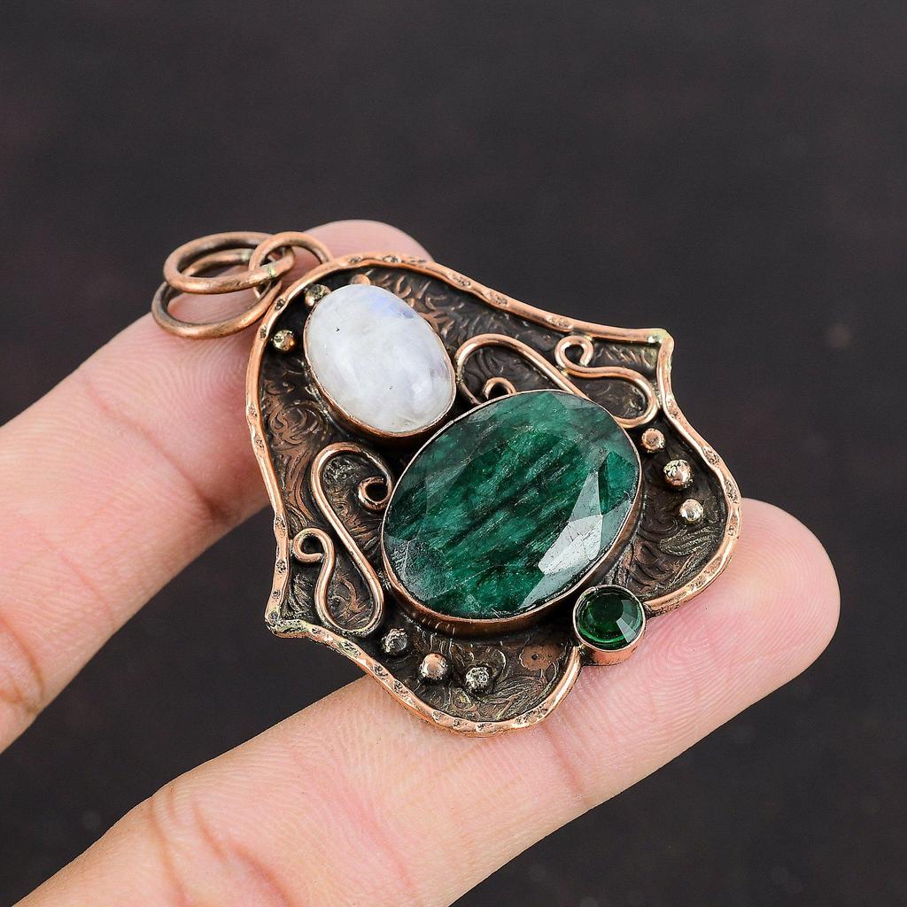 Faceted Zambian Emerald Pendant Rainbow Moonstone Pendant Chrome Diopside Pendant Copper Pendant Natural Gemstone Jewelry Handmade Pendant