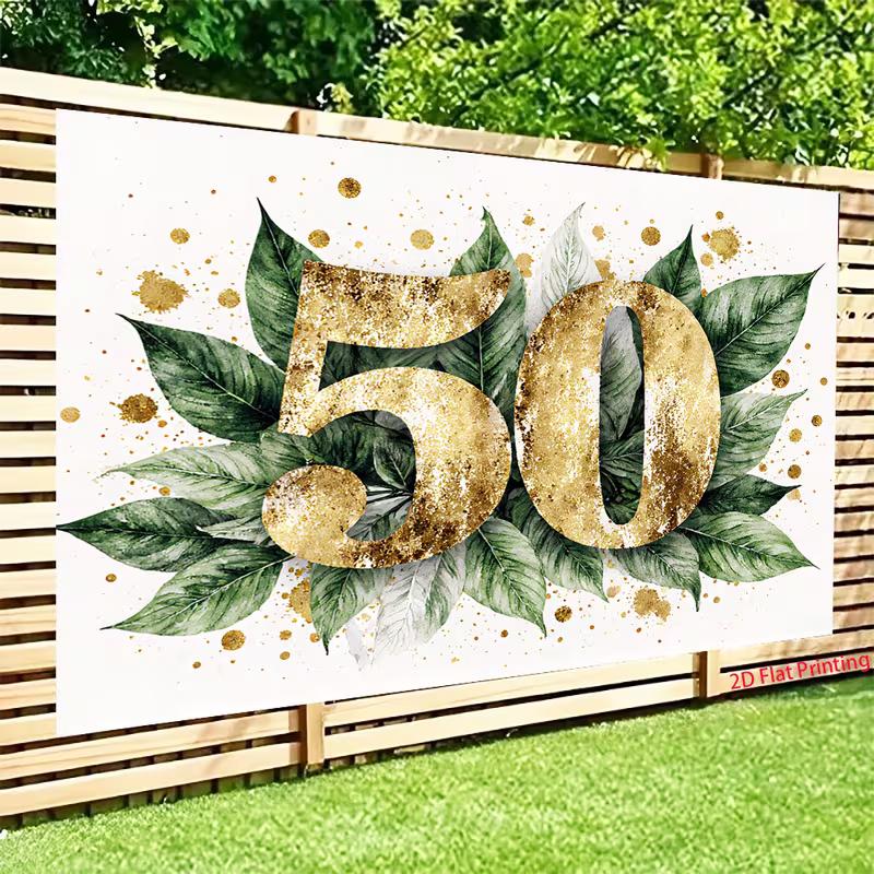 2D Gold Green Leaves 50th Birthday Photography Backdrop, Adult Birthday Decor
