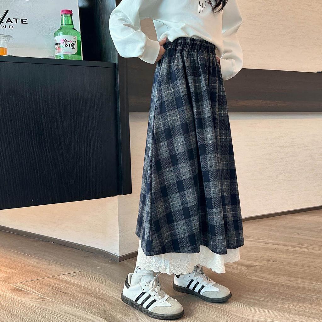 Girls' Plaid Wool Blend Midi Skirt - Autumn/Winter 2025 Fashion