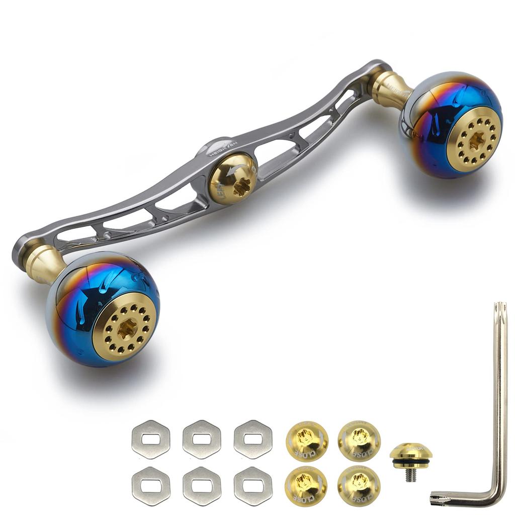 HEIGHTEN 130/120/115mm Reel Handle, Compatible with Shimano, Daiwa, and Abu Garcia Baitcasting Reels, Aurora Series (130mm, Gold & Gunmetal) (HT07501)
