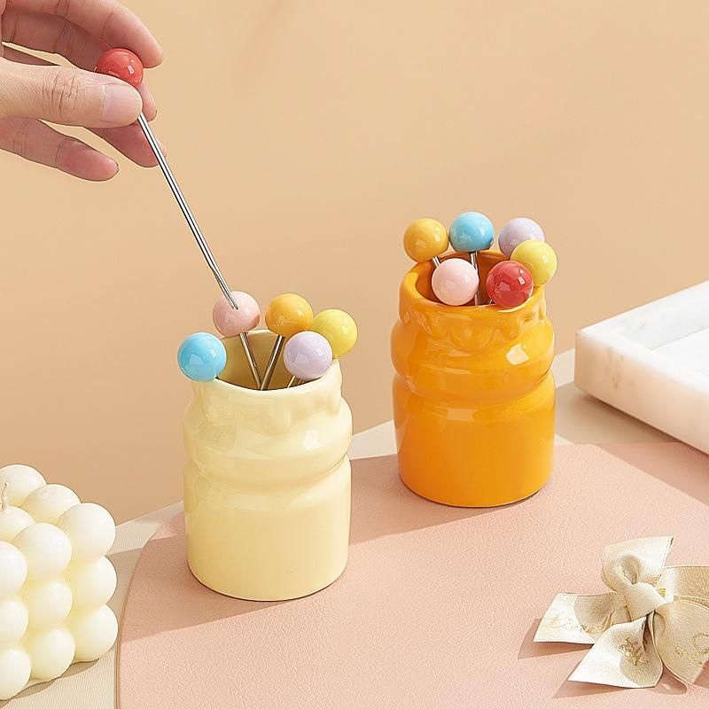 Dopamine Color Ceramic Fruit Fork Storage Bottle Cute Afternoon Tea Dessert Picks Home Cake Fork Desktop Organizer Kit