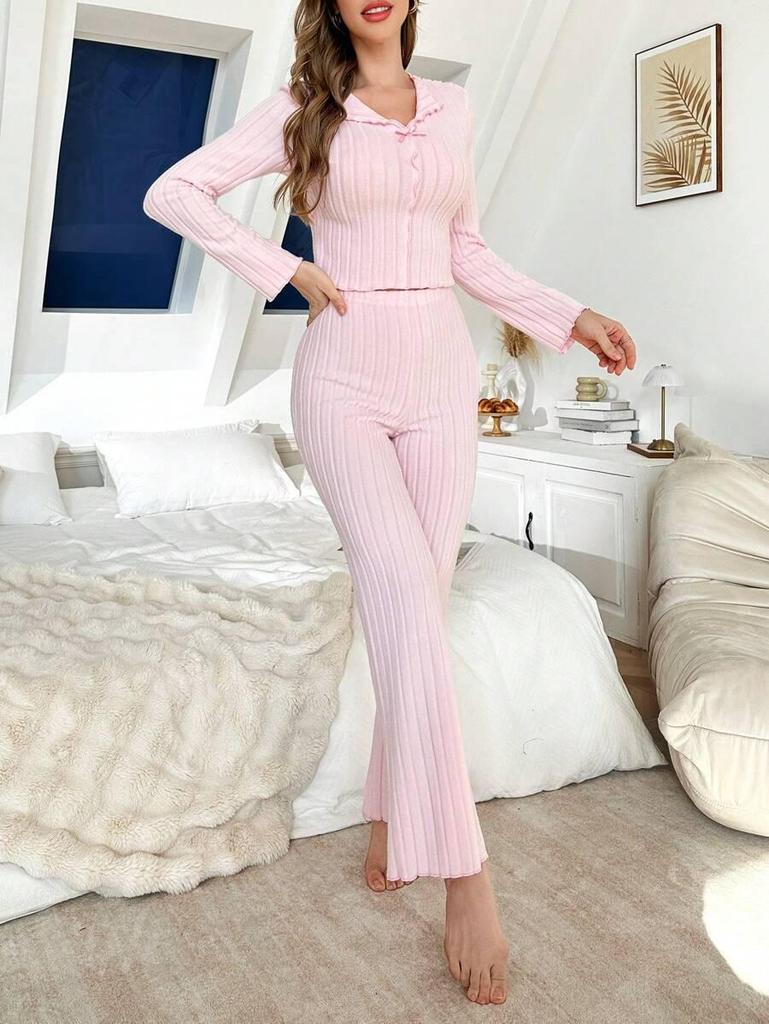 European & American Women's Long Sleeve Pajama Set: Bowknot Casual Fashion, Thickened for Autumn & Winter