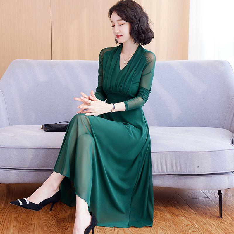 

Элегантное и модное осеннее сетчатое платье для женщин с V-образным вырезом, длинными рукавами, утягивающим талией и модным стилем. 4XL зелёный