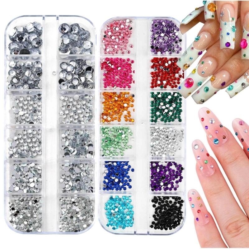 12 Color Transparent Nail Art Rhinestones Kit With 6 Shapes For DIY Manicure Includes Tweezers And 3 Glues