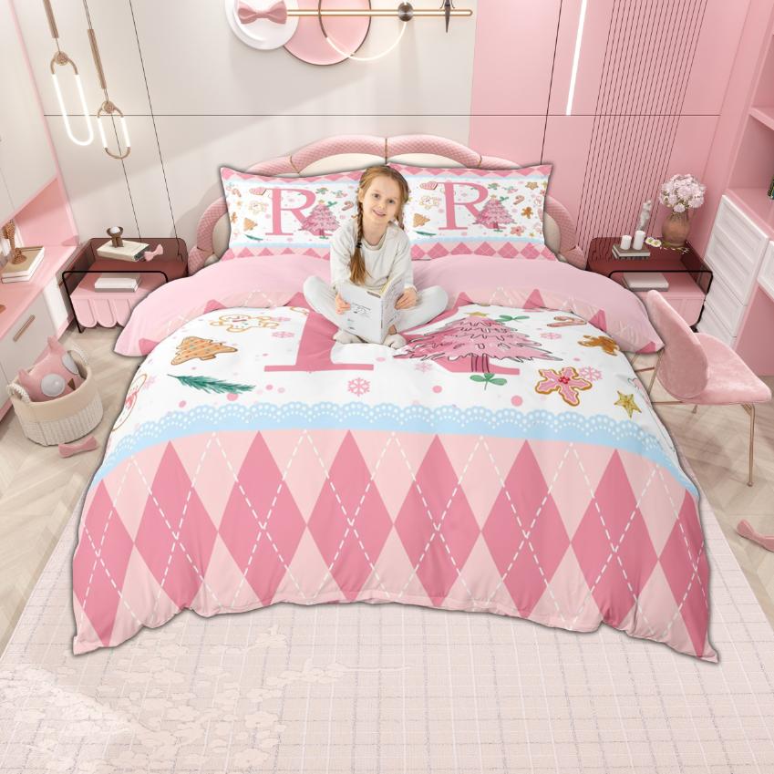 Comforter Homewish Personalized Xmas Tree Pink Merry Christmas Bedding Set Monogrammed Bedroom Set Room Decor