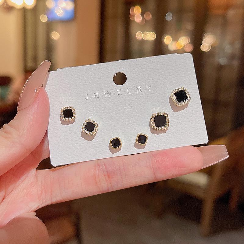 S925 Silver Needle Micro-inlaid Square Stud Earrings - Elegant, Versatile Three-Piece Set