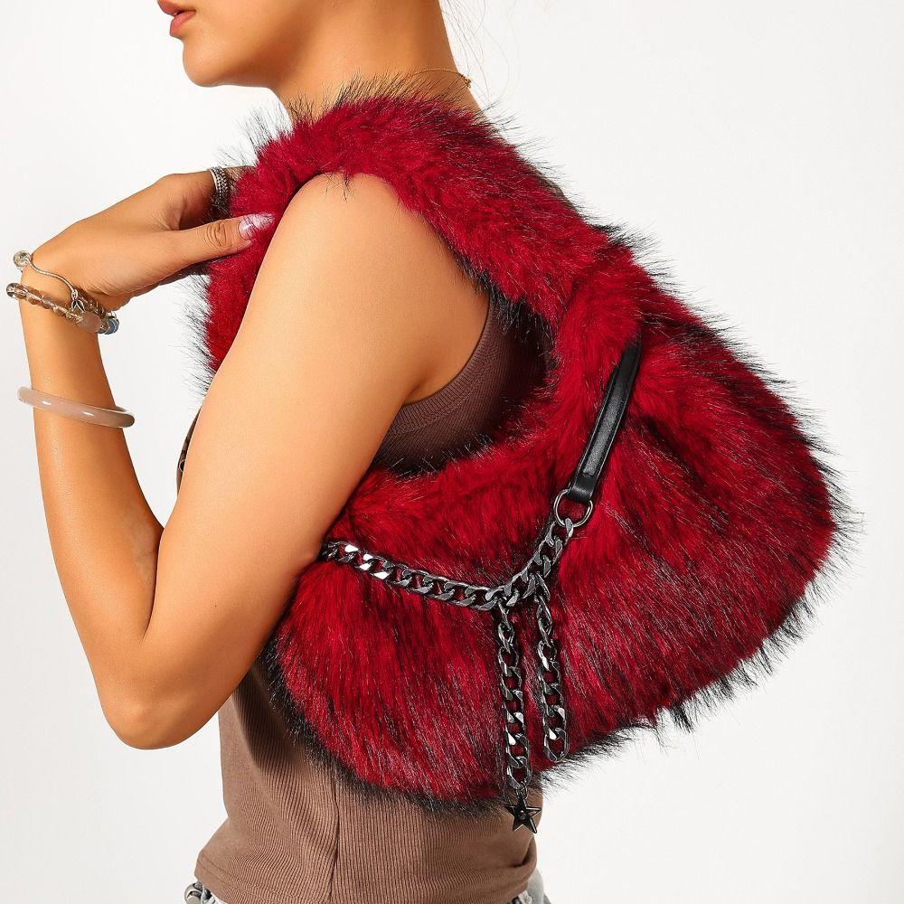 Portable Faux Fur Shoulder Bags Y2k Fluffy Tote Bag Portable Fluffy Hobo Bags Dating
