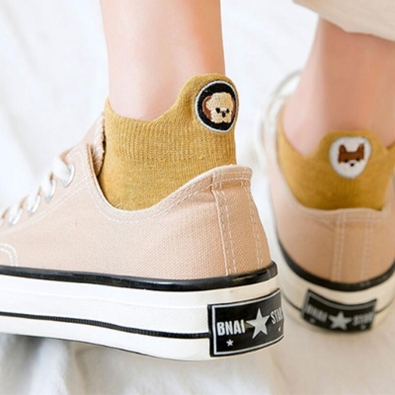 Cute Doggy Character Socks in 10 Colors [Inssa Short-Sleeved Couple Color Embroidery Student Socks] black