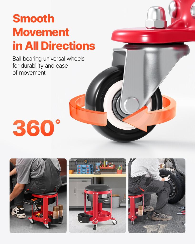 VEVOR Rolling Mechanic Stool with Wheels, 300 lbs Capacity Garage Seat/Work Stool, Padded Roller Creeper Seat with Fixed Height
