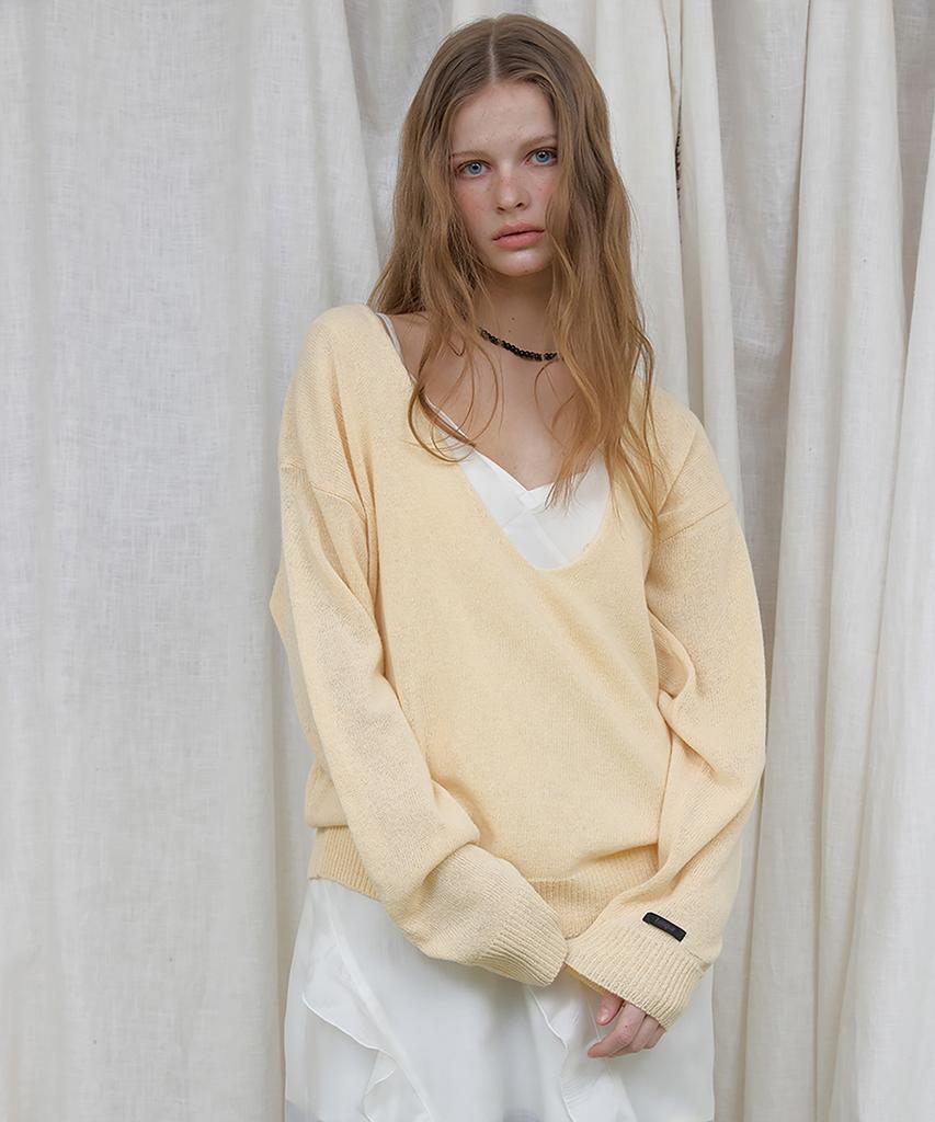 Lonkeu Wool Deep V-Neck Button Pullover Knit (Butter Yellow)