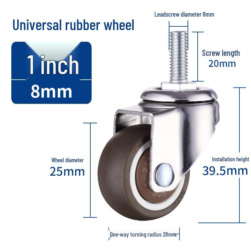 Rueda giratoria de goma universal con freno y rodamiento silencioso - Rosca M6/M8/M10/M12, Rodillo blando