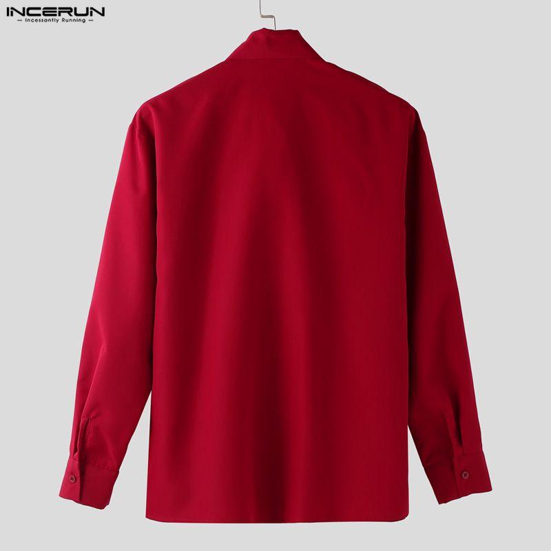 INCERUN Oversized Men Bow Knot Neck Long Sleeve Casual Loose Elegant Shirts