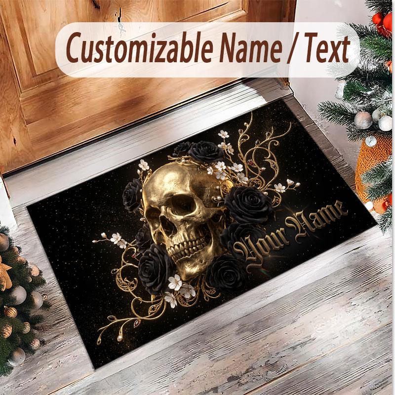 Tappeto Morbido in Velluto di Cristallo Tema Gotico Teschio Stampa Personalizzata Nome e Testo Tappeto Antiscivolo per Camera da Letto Soggiorno