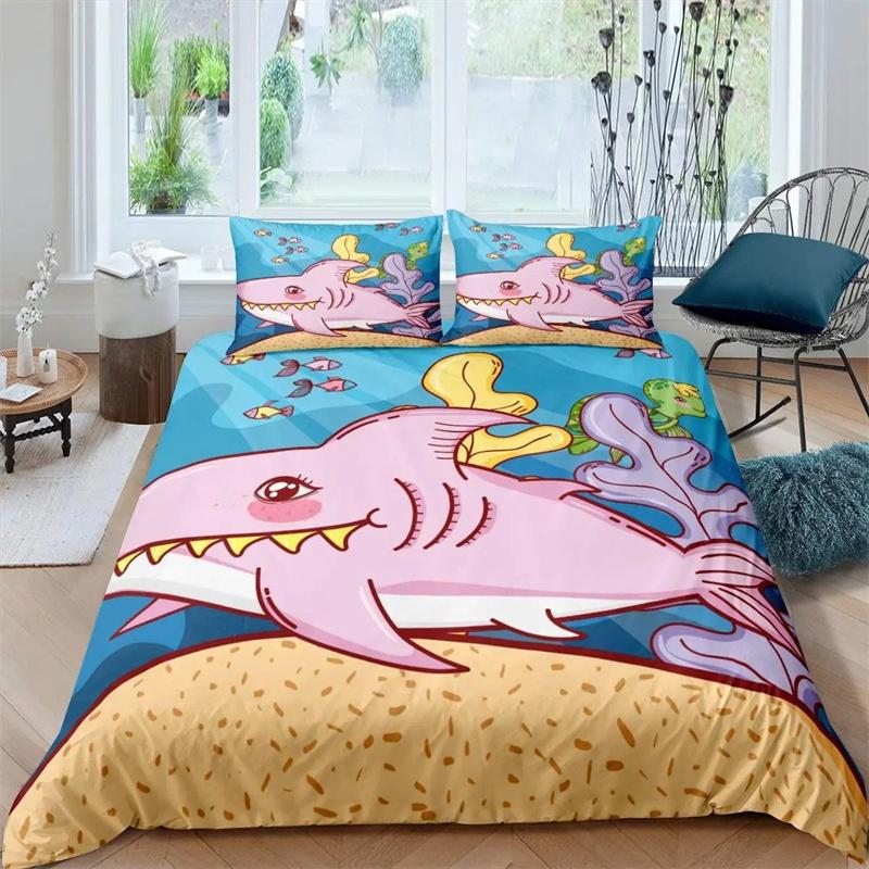 Blått och Vitt Tecknat Hajfiskmönster Barn Påslakan Pojkar Flickor Lyxig Rumsdekoration för Barn Tonåringar Gåva Queen Size
