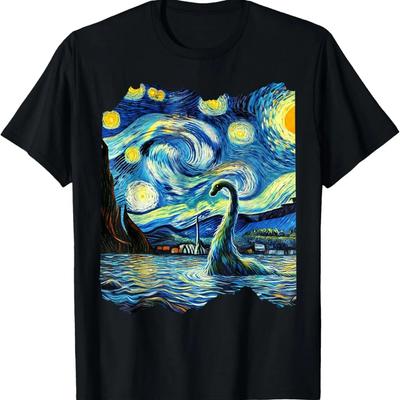 Loch Ness Monster Van Gogh Art Painting Star Sky Night T-Shirt