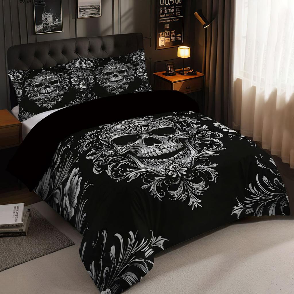 3PCS Black and White Skeleton Victorian Baroque Gothic Retro Duvet Set (1 Duvet Set+2 Pillowcases without Pillow Core)
