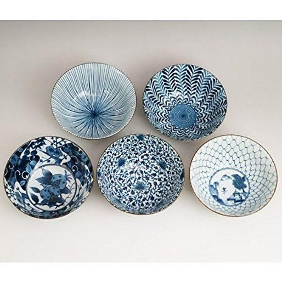 Nishikai Toki Multi-purpose Bowl Blue Pattern Variation Gift Box Included Made Japan Diameter 15.5 cm Set 5 31303