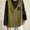 Women's Original Artistic Knitted Vest Appliqué Paneled Solid Color Cotton Thread Hollow-Out Sleeveless Pullover V-Neck Vest