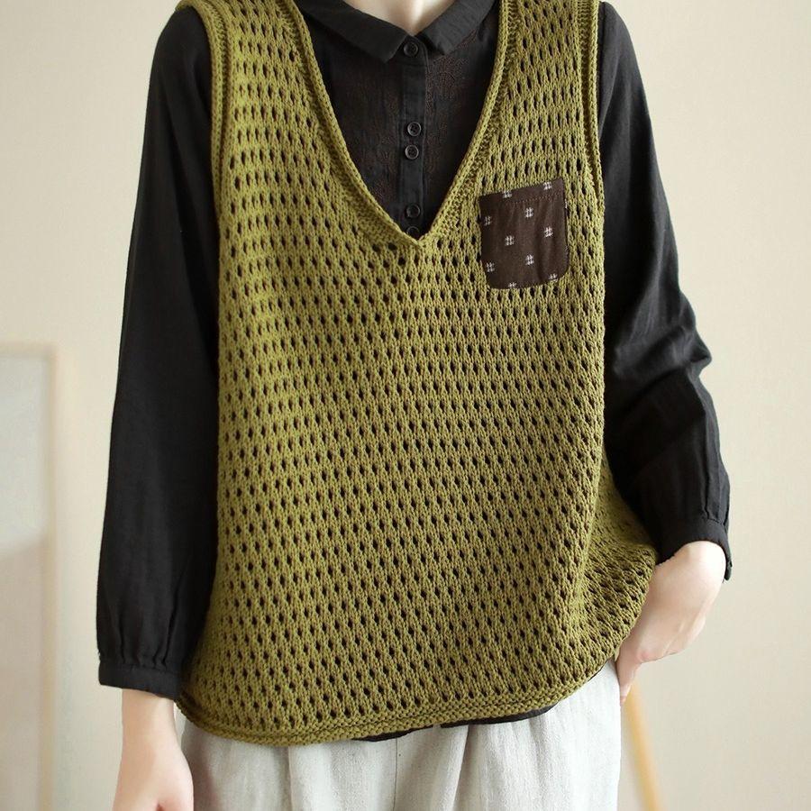 Women's Original Artistic Knitted Vest Appliqué Paneled Solid Color Cotton Thread Hollow-Out Sleeveless Pullover V-Neck Vest