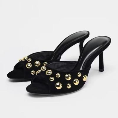 Summer  Women High Heels Sandals Fashion Banquet Rivet Stilettos Suede Peep Toe Party Daily Casual Ladies Mules Shoes
