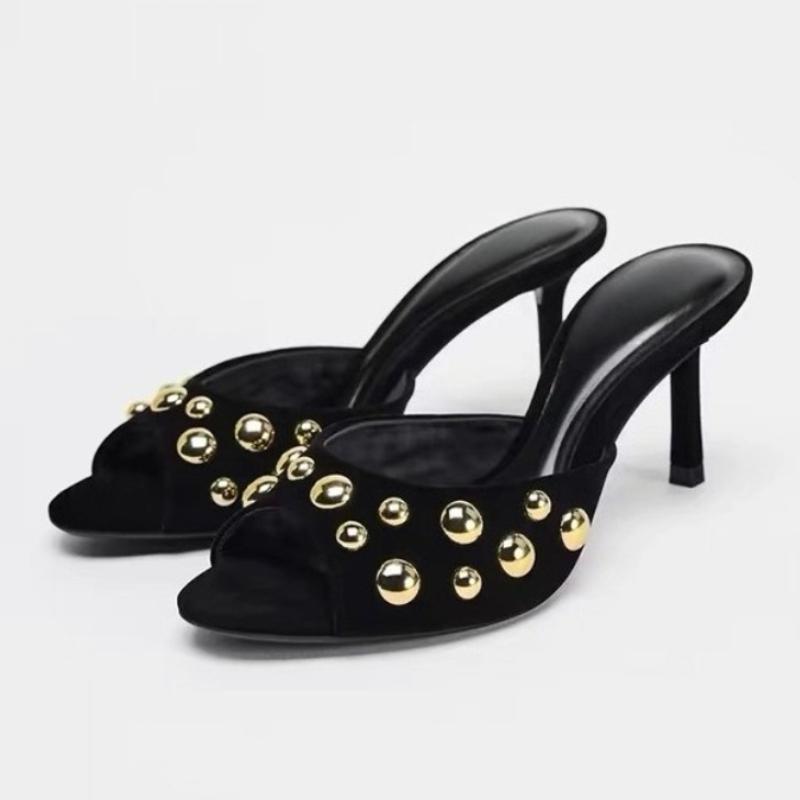 Letnie Damskie Sandały na Wysokim Obcasie Modne Bankietowe Nitowane Szpilki Zamszowe Z Odkrytymi Palcami Party Codzienne Casualowe Damskie Buty Mule