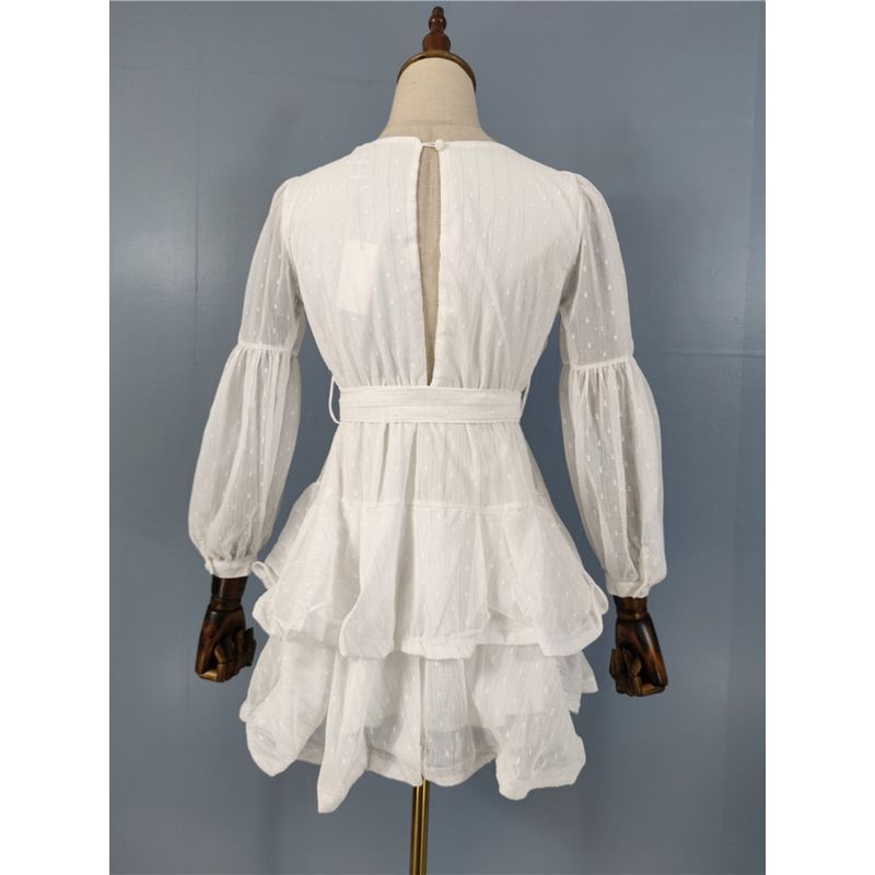 Export Single Lady Slimming Easiest for Match V Neck Lantern Long Sleeve Elegance Fashion White Summer New Arrival Dating Dress